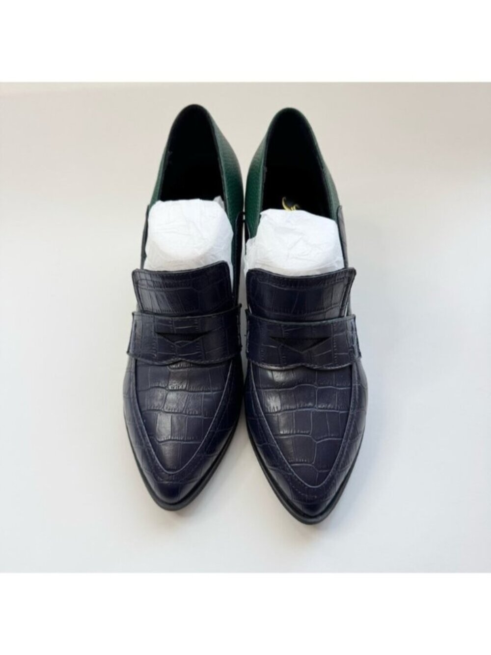 Size 7 Oxford textured loafers high heel block pump blue green FOWT